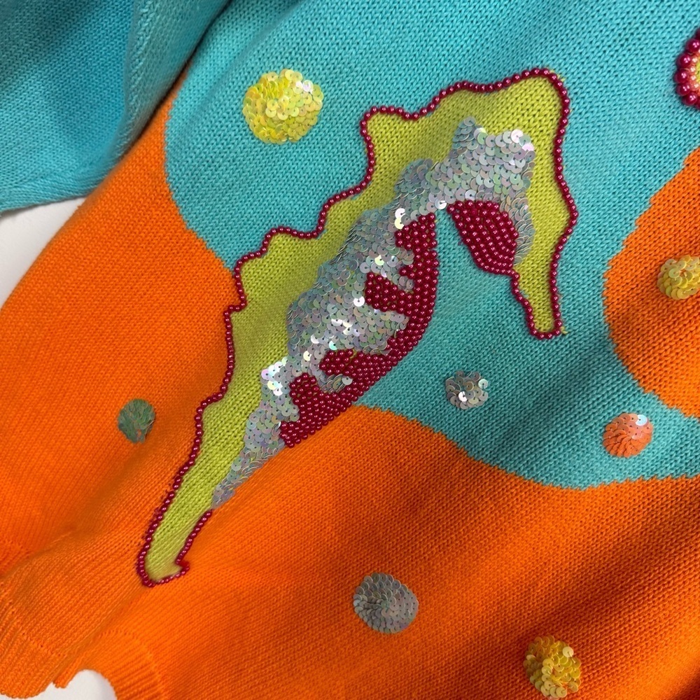 Vintage IB Diffusion Sport Sweater Womens Medium Blue Orange Sea Life Beaded 90s - Picture 5 of 11